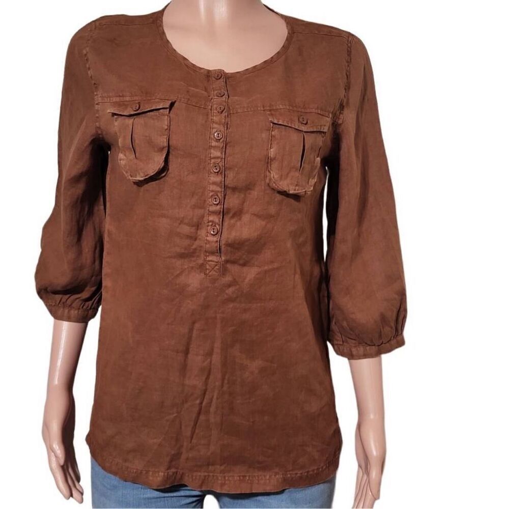 Pulp brown linen 3/4 sleeve henley pocket shirt M